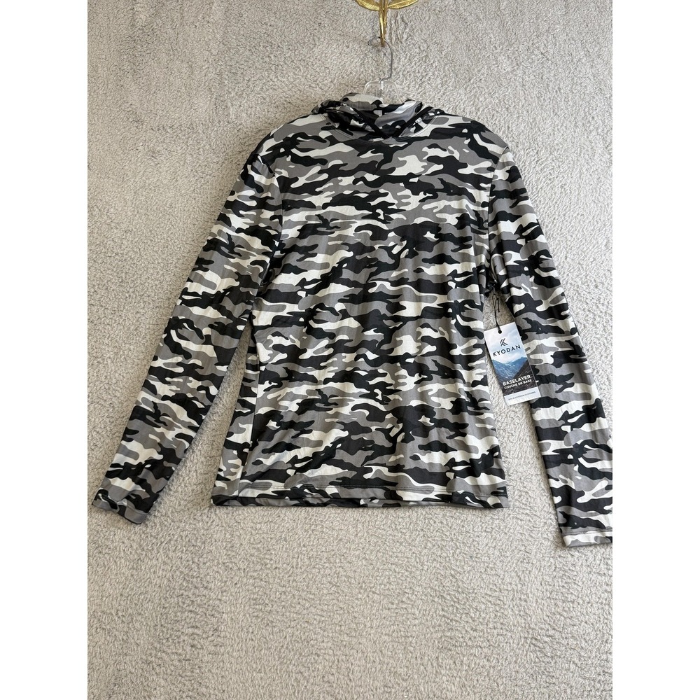 Kyodan Baselayer Shirt Womens Small Black Gray Camo Hooded Long Sleeve Athletic